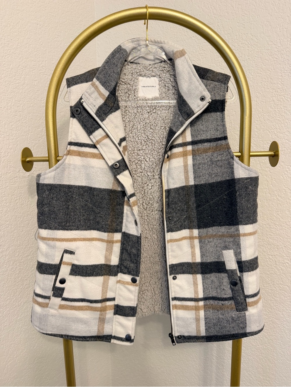 Thread & Supply Plaid Sherpa Vest in Gray, Cream & Tan